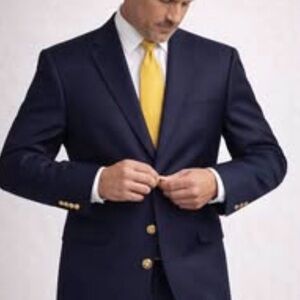 Elegant Men's Dark Blue Merino Wool Blazer with Gold Accents
